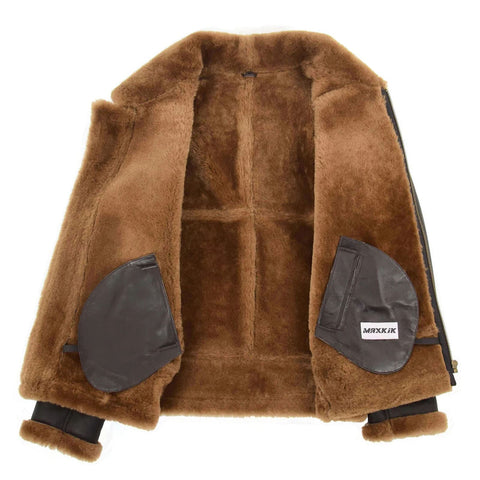 Maxkik Men's B3 Sheepskin Leather Jacket Brown Ginger Classic Aviator Leather Coat