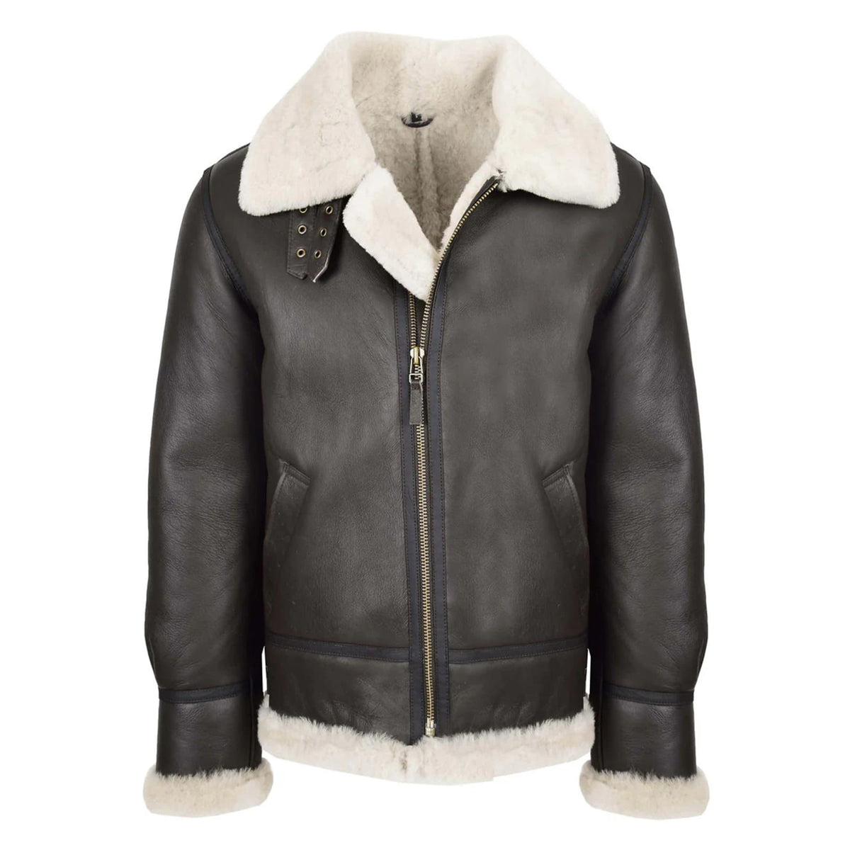 Maxkik Men's B3 Sheepskin Leather Jacket Brown White Classic Aviator Leather Coat