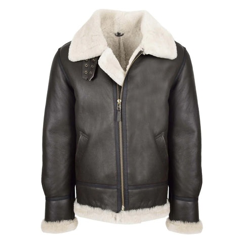 Maxkik Men's B3 Sheepskin Leather Jacket Brown White Classic Aviator Leather Coat