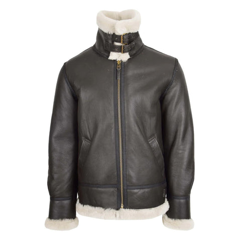 Maxkik Men's B3 Sheepskin Leather Jacket Brown White Classic Aviator Leather Coat