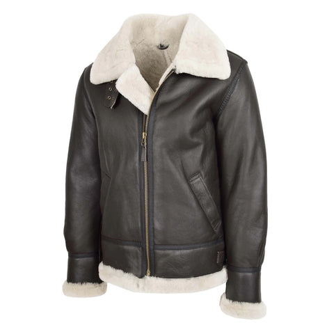 Maxkik Men's B3 Sheepskin Leather Jacket Brown White Classic Aviator Leather Coat