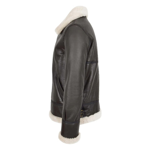 Maxkik Men's B3 Sheepskin Leather Jacket Brown White Classic Aviator Leather Coat
