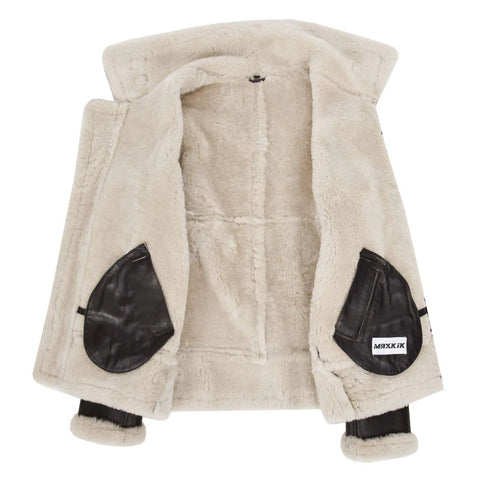 Maxkik Men's B3 Sheepskin Leather Jacket Brown White Classic Aviator Leather Coat