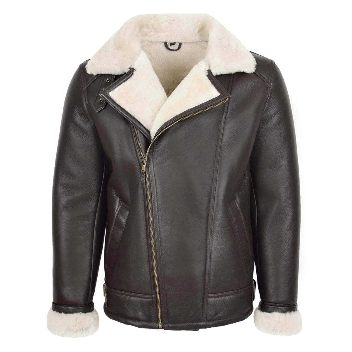 Maxkik Men’s Sheepskin Pilot Jacket Brown White Classic Aviator Flying Jacket
