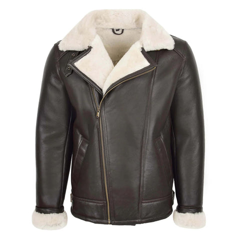 Maxkik Men’s Sheepskin Pilot Jacket Brown White Classic Aviator Flying Jacket