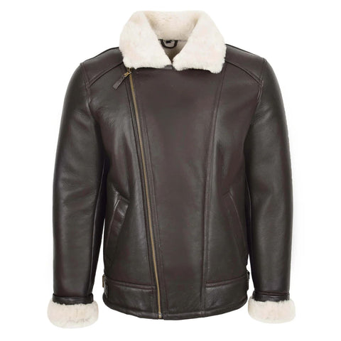 Maxkik Men’s Sheepskin Pilot Jacket Brown White Classic Aviator Flying Jacket