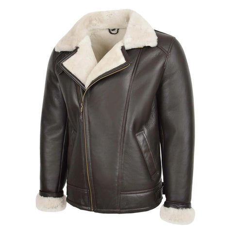 Maxkik Men’s Sheepskin Pilot Jacket Brown White Classic Aviator Flying Jacket