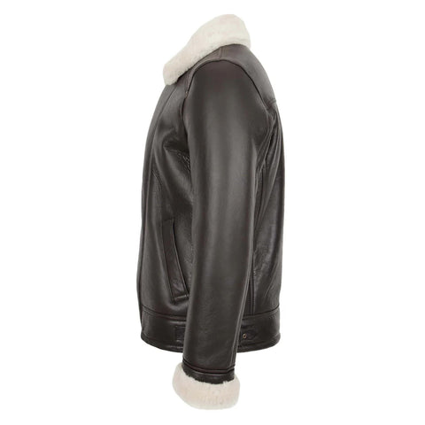 Maxkik Men’s Sheepskin Pilot Jacket Brown White Classic Aviator Flying Jacket