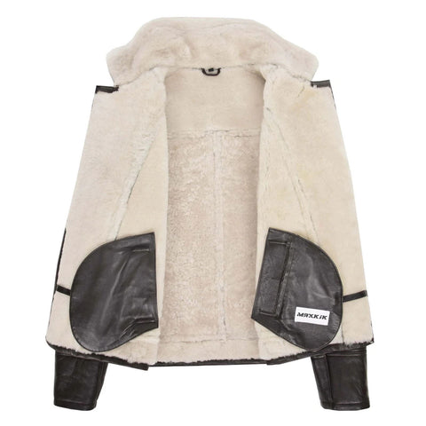 Maxkik Men’s Sheepskin Pilot Jacket Brown White Classic Aviator Flying Jacket