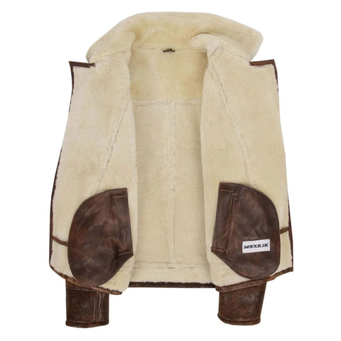 Maxkik Men’s Sheepskin Pilot Jacket Vintage Brown Classic Aviator Flying Jacket