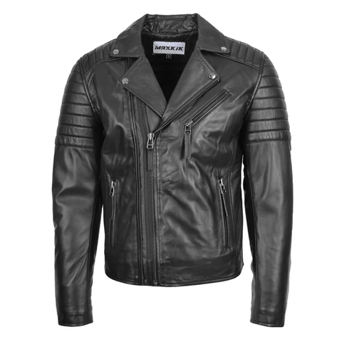 Maxkik Men’s Biker Leather Jacket Dual Zip Hook Black Motorcycle Jacket