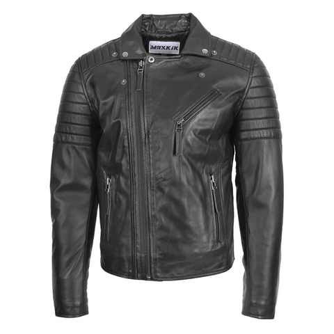 Maxkik Men’s Biker Leather Jacket Dual Zip Hook Black Motorcycle Jacket