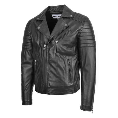 Maxkik Men’s Biker Leather Jacket Dual Zip Hook Black Motorcycle Jacket