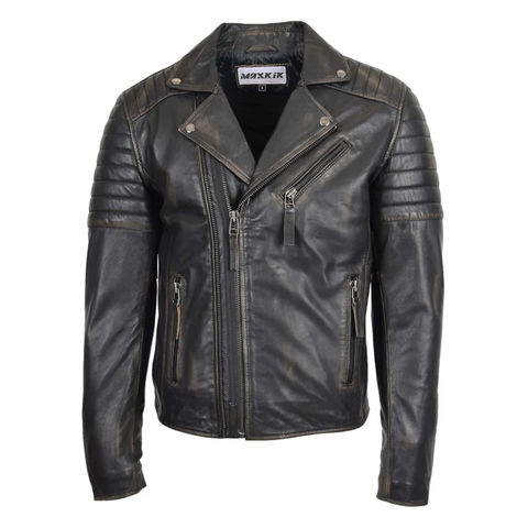 Maxkik Men’s Biker Leather Jacket Dual Zip Hook Rub Off Motorcycle Jacket