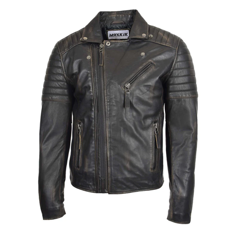 Maxkik Men’s Biker Leather Jacket Dual Zip Hook Rub Off Motorcycle Jacket