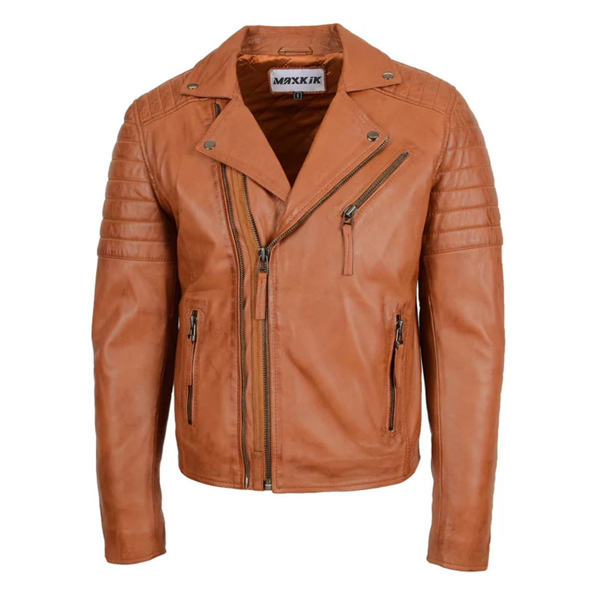 Maxkik Men’s Biker Leather Jacket Dual Zip Hook Tan Motorcycle Jacket