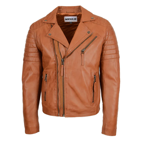 Maxkik Men’s Biker Leather Jacket Dual Zip Hook Tan Motorcycle Jacket