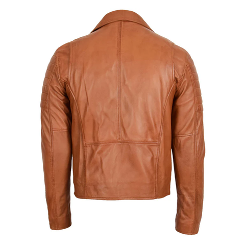 Maxkik Men’s Biker Leather Jacket Dual Zip Hook Tan Motorcycle Jacket