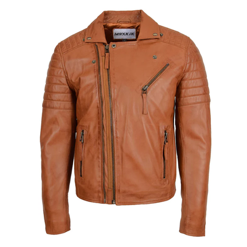 Maxkik Men’s Biker Leather Jacket Dual Zip Hook Tan Motorcycle Jacket