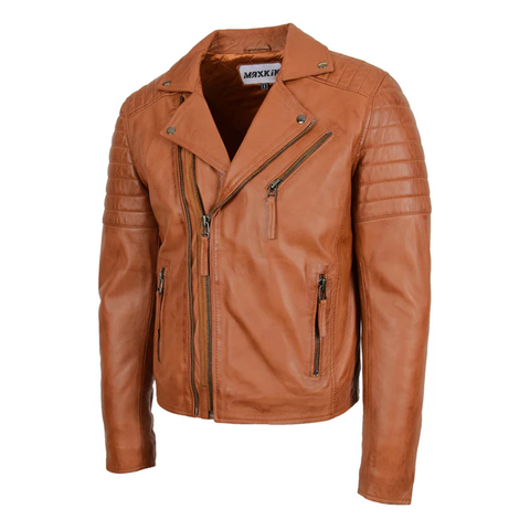 Maxkik Men’s Biker Leather Jacket Dual Zip Hook Tan Motorcycle Jacket