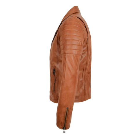 Maxkik Men’s Biker Leather Jacket Dual Zip Hook Tan Motorcycle Jacket