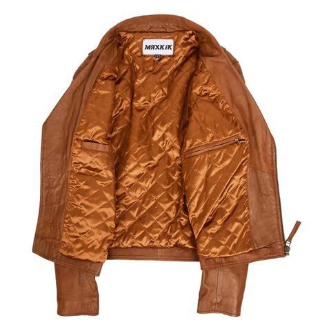 Maxkik Men’s Biker Leather Jacket Dual Zip Hook Tan Motorcycle Jacket
