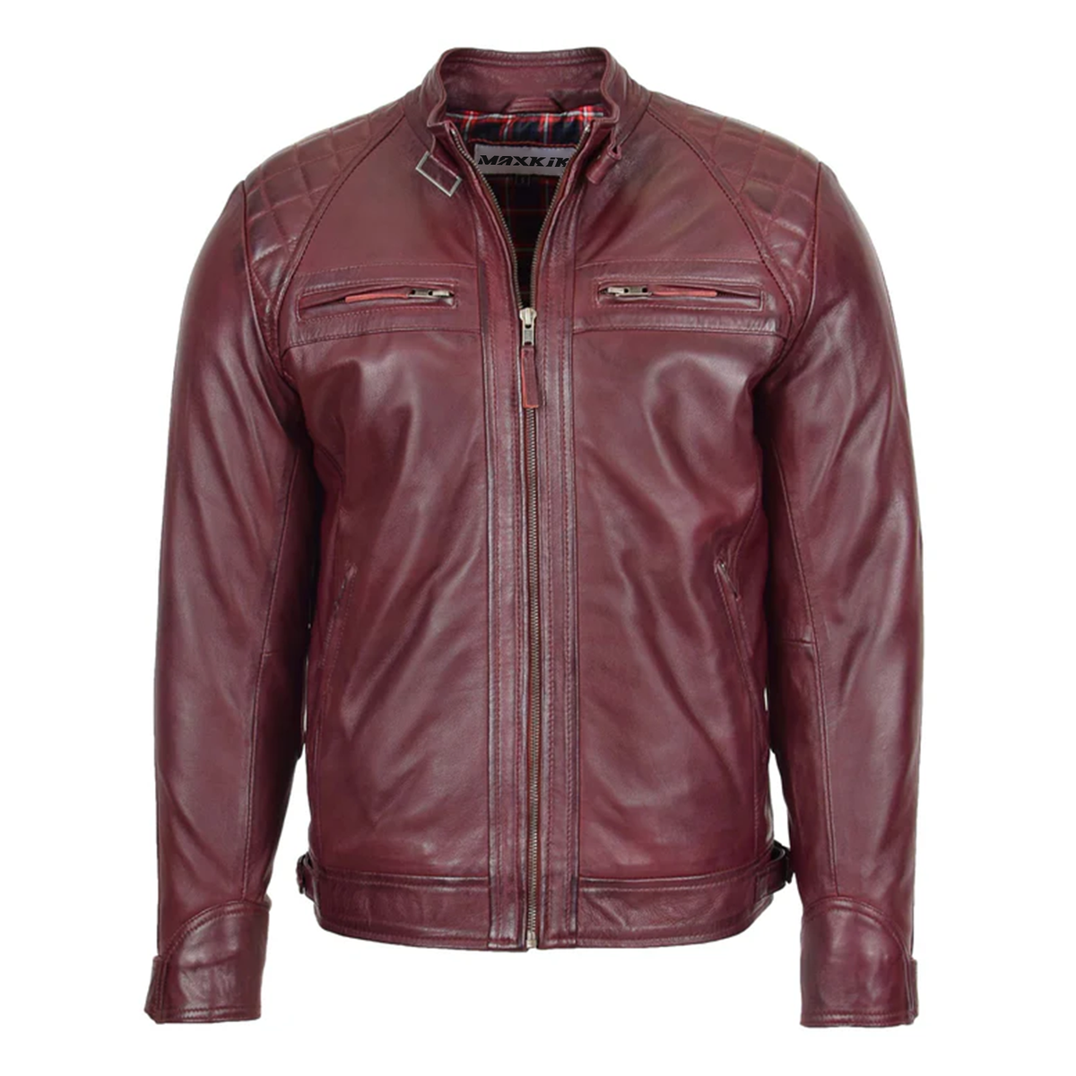 Maxkik Men’s Biker Leather Jacket Standing Collar Burgundy Motorcycle Jacket