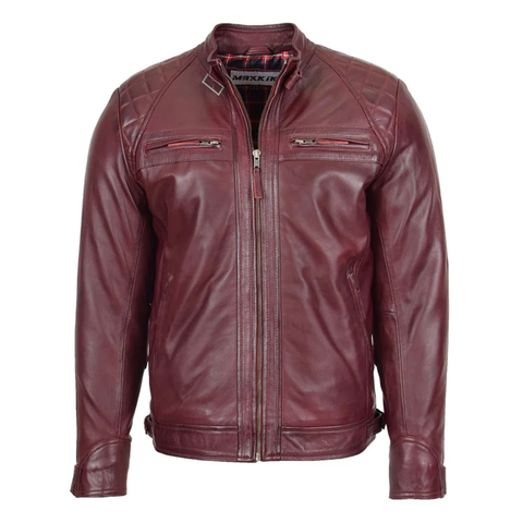 Maxkik Men’s Biker Leather Jacket Standing Collar Burgundy Motorcycle Jacket