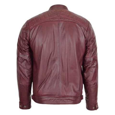 Maxkik Men’s Biker Leather Jacket Standing Collar Burgundy Motorcycle Jacket