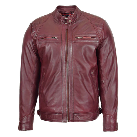 Maxkik Men’s Biker Leather Jacket Standing Collar Burgundy Motorcycle Jacket