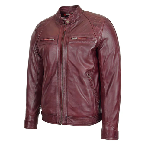 Maxkik Men’s Biker Leather Jacket Standing Collar Burgundy Motorcycle Jacket