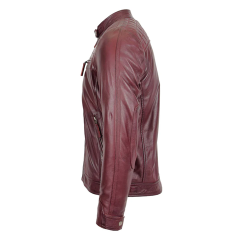 Maxkik Men’s Biker Leather Jacket Standing Collar Burgundy Motorcycle Jacket