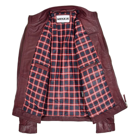 Maxkik Men’s Biker Leather Jacket Standing Collar Burgundy Motorcycle Jacket