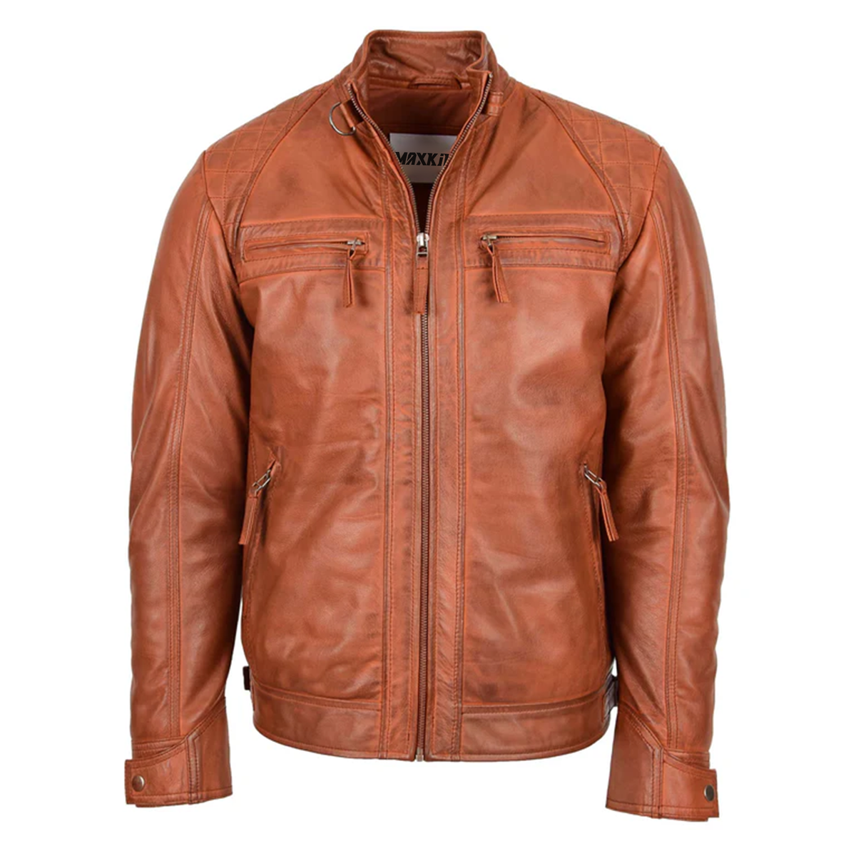 Maxkik Men’s Biker Leather Jacket Standing Collar Tan Motorcycle Jacket
