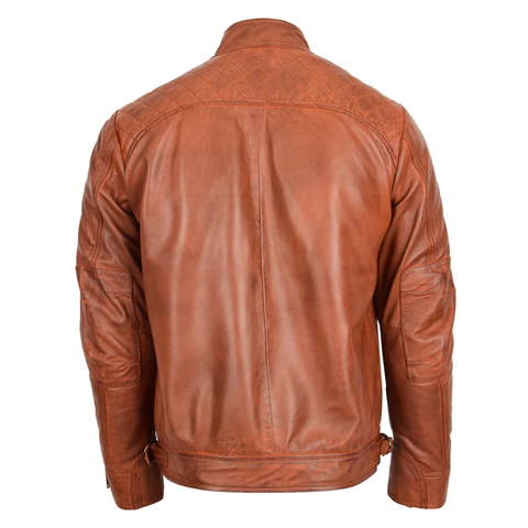 Maxkik Men’s Biker Leather Jacket Standing Collar Tan Motorcycle Jacket