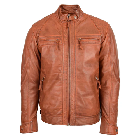 Maxkik Men’s Biker Leather Jacket Standing Collar Tan Motorcycle Jacket