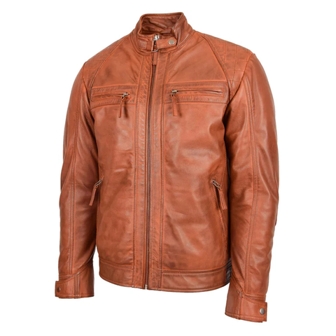 Maxkik Men’s Biker Leather Jacket Standing Collar Tan Motorcycle Jacket