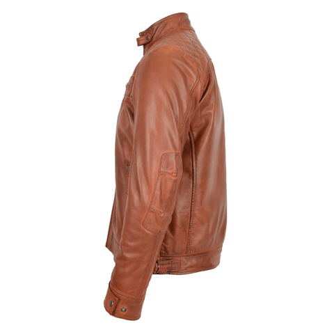 Maxkik Men’s Biker Leather Jacket Standing Collar Tan Motorcycle Jacket