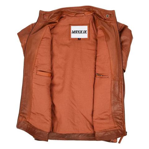 Maxkik Men’s Biker Leather Jacket Standing Collar Tan Motorcycle Jacket