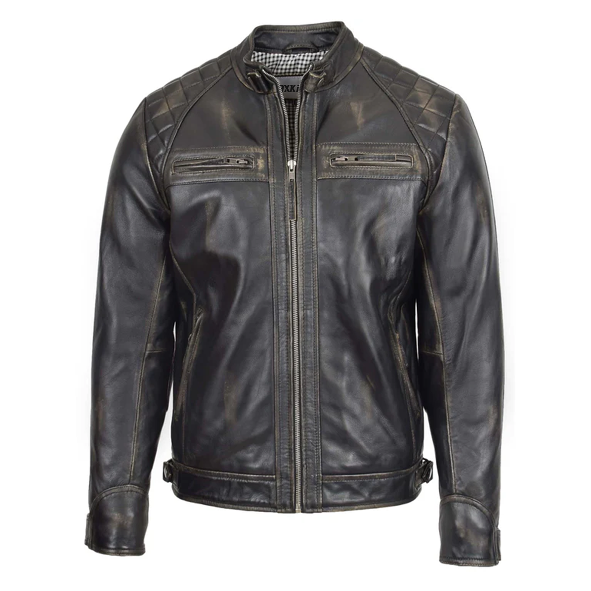 Maxkik Men’s Biker Leather Jacket Standing Collar Vintage Brown Jacket