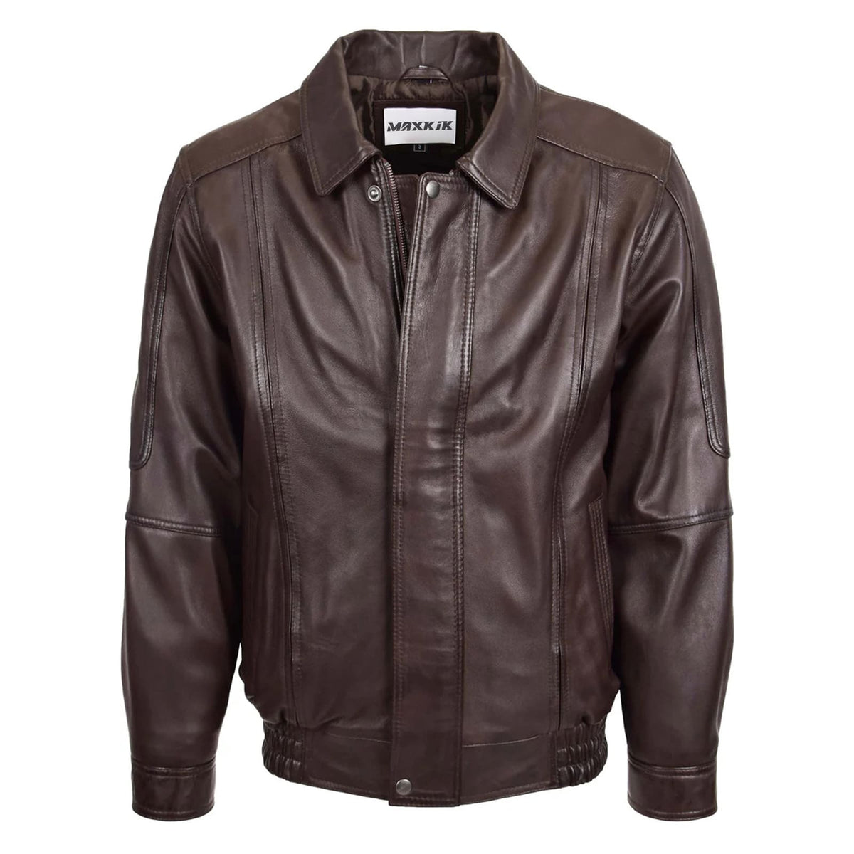 Maxkik Men’s Brown Leather Bomber Jacket Classic Blouson Style