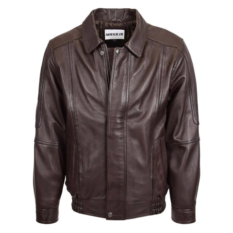Maxkik Men’s Brown Leather Bomber Jacket Classic Blouson Style