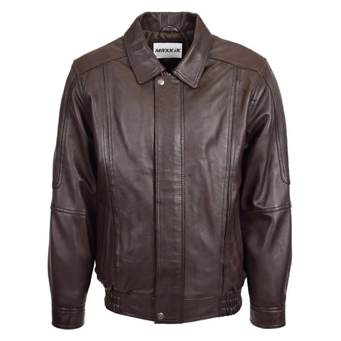 Maxkik Men’s Brown Leather Bomber Jacket Classic Blouson Style