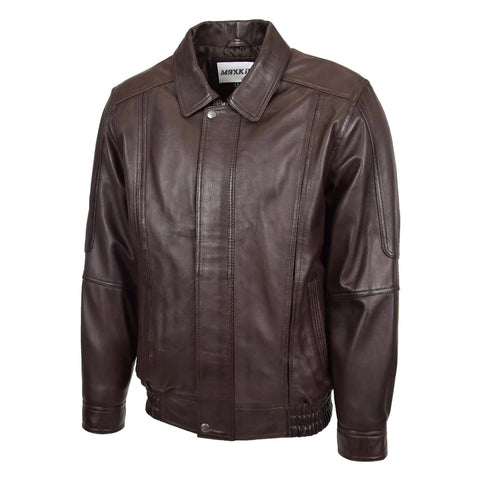 Maxkik Men’s Brown Leather Bomber Jacket Classic Blouson Style