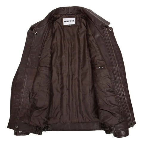 Maxkik Men’s Brown Leather Bomber Jacket Classic Blouson Style