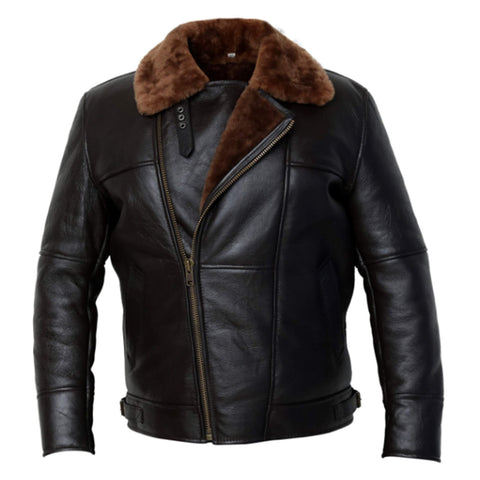 Maxkik Men’s Black RAF B3 Leather Bomber Jacket Brown Fur Flying Aviator Style