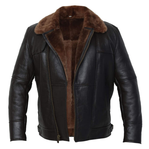Maxkik Men’s Black RAF B3 Leather Bomber Jacket Brown Fur Flying Aviator Style