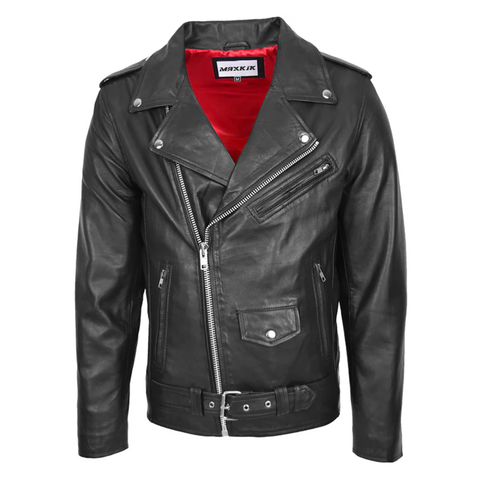 Maxkik Men’s Brando Leather Biker Jacket Black Heavy Duty Motorcycle Coat