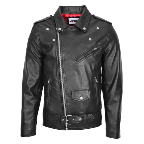 Maxkik Men’s Brando Leather Biker Jacket Black Heavy Duty Motorcycle Coat