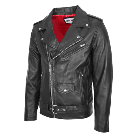 Maxkik Men’s Brando Leather Biker Jacket Black Heavy Duty Motorcycle Coat